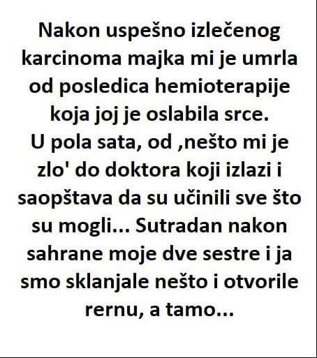 Nakon uspješno izliječenog karcinoma majka mi je umrla od posljedica hemoterapije …… - featured image