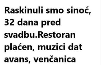 Raskinuli smo sinoć, 32 dana pred svadbu Raskinuli smo sinoć, 32 dana pred svadbu - featured image